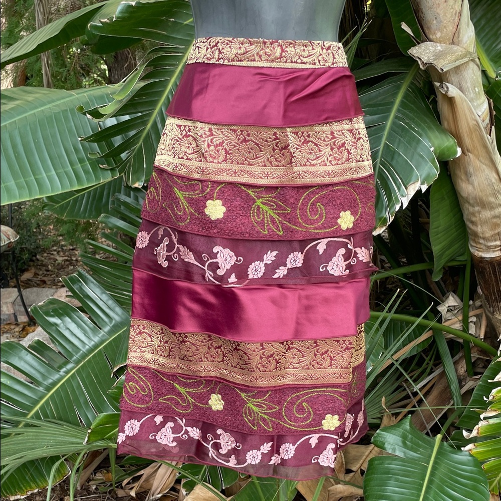 brocade, embroidered and satin and sheer tiered skirt